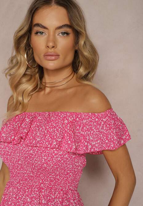 Rochie Fucsia Florală Spaniolă din Bumbac cu Elastic în Talie Nevima 5