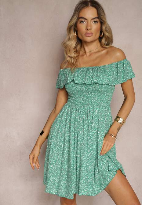 Rochie Verde Florala Spaniolă din Bumbac cu Elastic în Talie Nevima 4