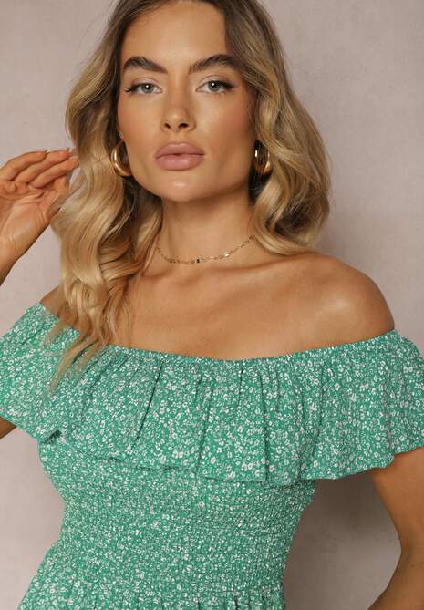 Rochie Verde Florala Spaniolă din Bumbac cu Elastic în Talie Nevima 5