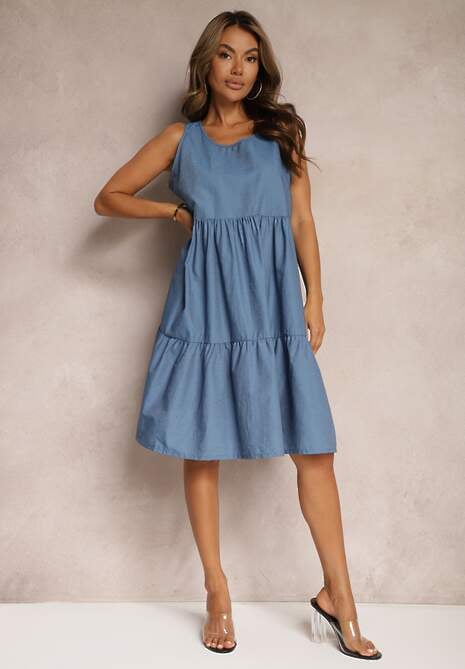 Rochie bleu deschis din bumbac cu croială evazată fără mâneci Ajonne 4