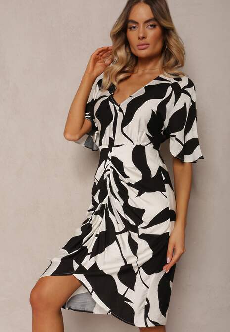 Czarno-Biała Sukienka o Taliowanym Kroju Wiązana w Pasie Nellsiah 4