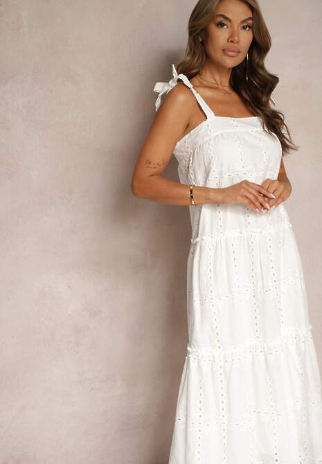 Rochie Albă cu Bretele din Bumbac cu Broderie Ornamentală și Fundițe 4