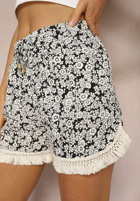 Negru-Bej Șorturi cu Talia Înaltă cu Elastic în Talie Imprimeu Floral și Franjuri Orifea 5