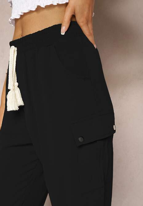 Czarne Spodnie Cargo High Waist Wykończone Gumką w Pasie Nellindra 5