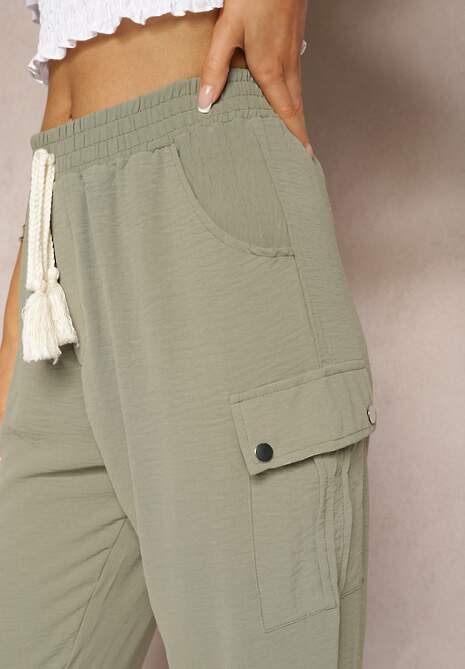 Ciemnozielone Spodnie Cargo High Waist Wykończone Gumką w Pasie Nellindra 5