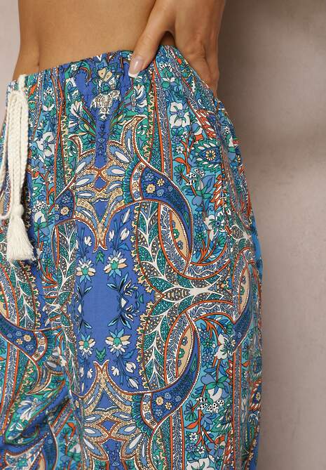 Niebieskie Szerokie Spodnie z Wiskozą High Waist z Gumką w Talii Ozdobione Frędzlami Nellthia 5