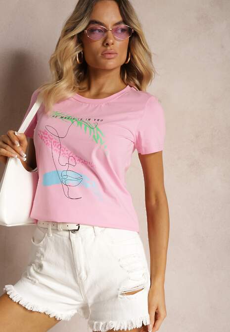 Różowy T-shirt z Bawełny z Krótkim Rękawem i Ozdobnym Printem Saronea