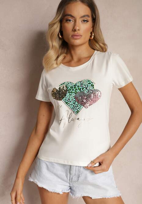 Biały T-shirt z Bawełny Ozdobiony Nadrukiem w Kształcie Serc Hennea 4