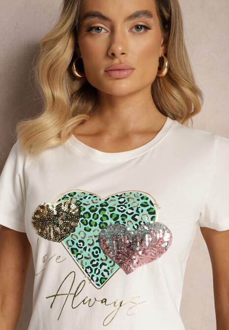 Biały T-shirt z Bawełny Ozdobiony Nadrukiem w Kształcie Serc Hennea 5