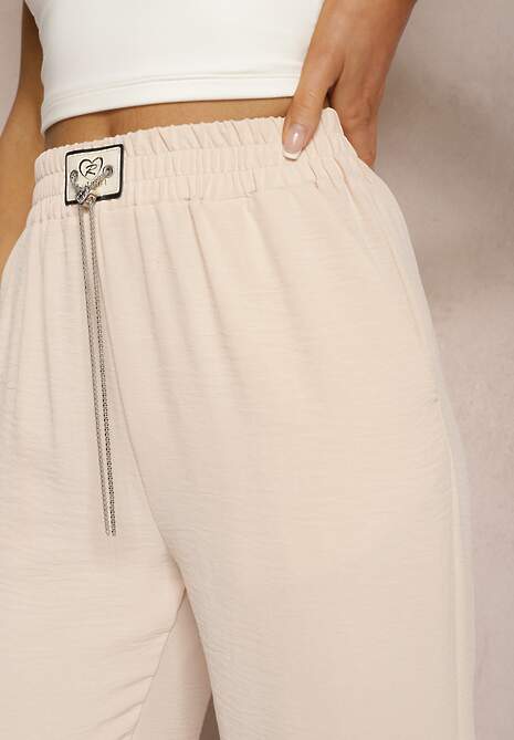 Pantaloni Bej Largi cu Crapă Lată cu Lanț în Loc de Șnur Ostaria 5