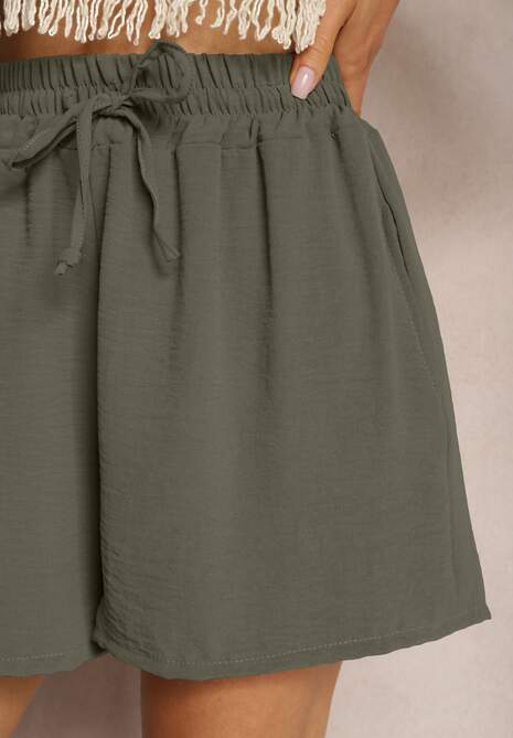 Ciemnozielone Szorty o Luźnym Kroju High Waist z Gumką w Talii Vimallora 5