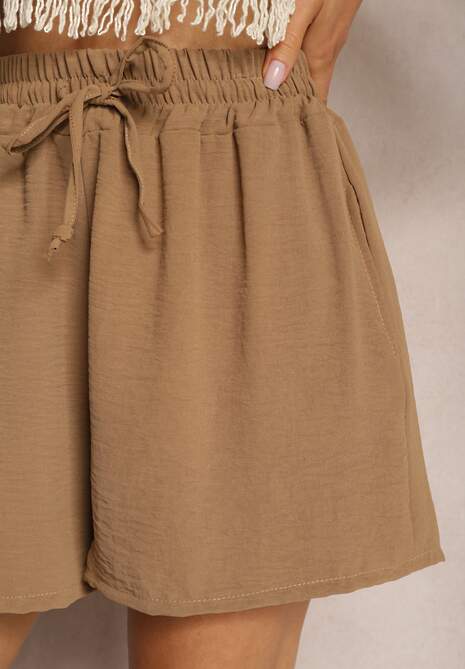 Ciemnobeżowe Szorty o Luźnym Kroju High Waist z Gumką w Talii Vimallora 5