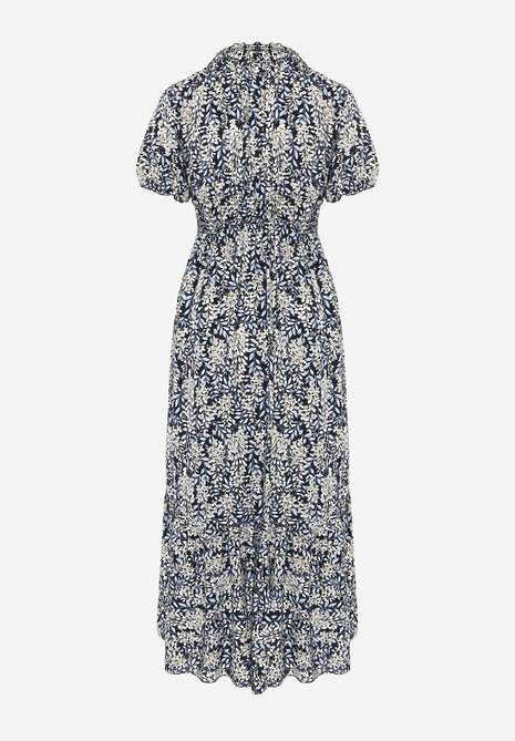 Granatowa Trapezowa Sukienka z Bawełny z Bufiastymi Rękawami Falbaną i Gumką w Talii Vimayana 7