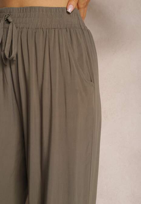 Zielone Bawełniane Spodnie Kuloty High Waist z Gumką w Pasie Vimarielle 5