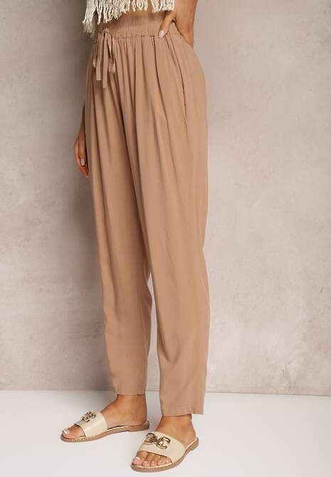 Brązowe Spodnie Paper Bag High Waist z Bawełny z Gumką w Talii Emorea 4