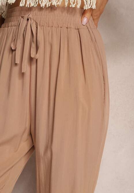 Brązowe Spodnie Paper Bag High Waist z Bawełny z Gumką w Talii Emorea 5