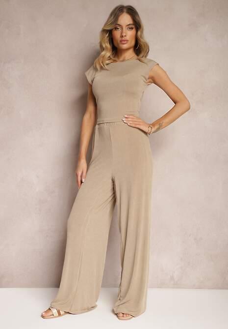 Brązowy Prążkowany Komplet 2-Częściowy Bluzka z Odkrytymi Plecami Szerokie Spodnie Kelandrea