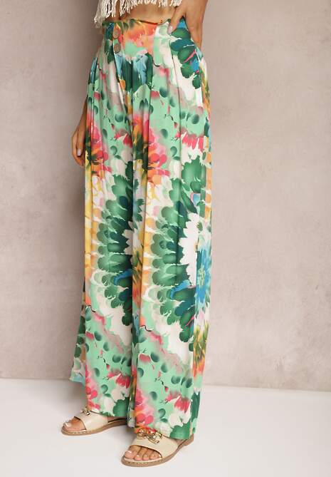 Zielone Spodnie z Wiskozy High Waist z Szerokimi Nogawkami Ozdobione Wzorem Tie-Dye Risalias 4