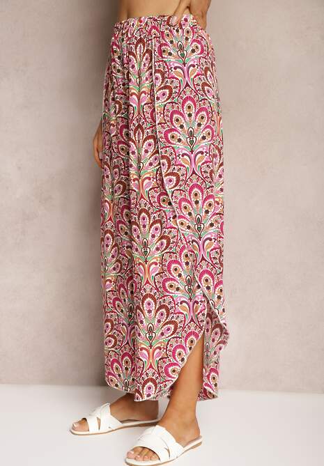 Różowo-Beżowe Spodnie Kuloty z Wiskozy o Asymetrycznym Kroju High Waist z Gumką w Pasie Risalees 4