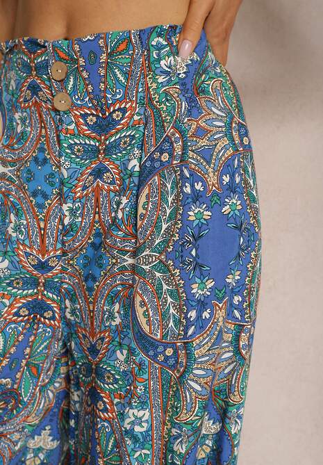 Niebieskie Wiskozowe Spodnie High Waist o Szerokim Kroju z Gumką w Talii Vimashia 5