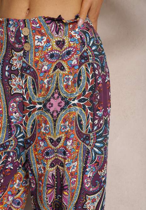 Fioletowe Wiskozowe Spodnie High Waist o Szerokim Kroju z Gumką w Talii Vimashia 5