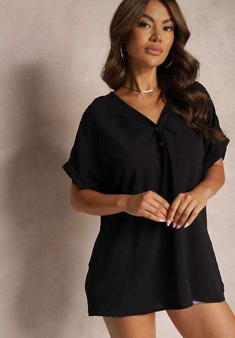 Czarna Bluzka z Wiskozą Ozdobiona Ażurowymi Wstawkami Ozdobiona Guzikami Vimalenna 4