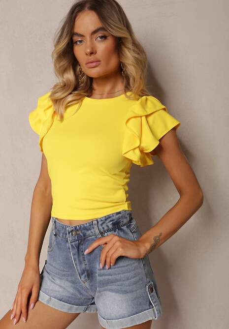 Żółty Prążkowany T-shirt z Krótkim Rękawem i Falbanką przy Rękawach Vimerea 4