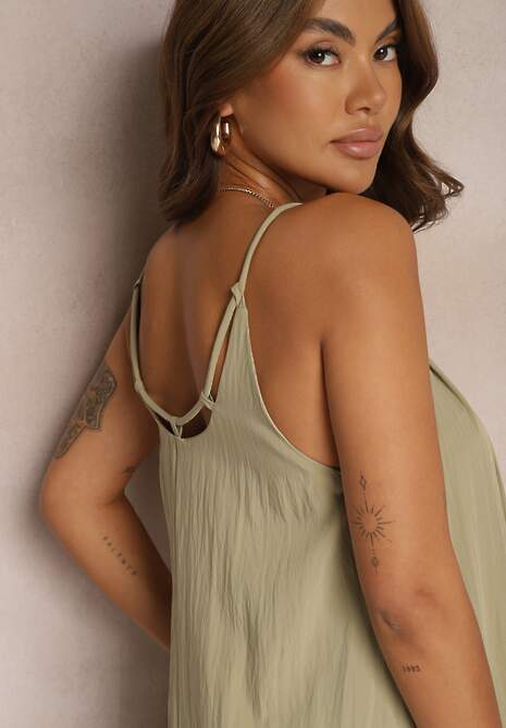 Ciemnobeżowa Trapezowa Sukienka z Dodatkiem Bawełny na Ramiączkach Wykończona Sznurkiem Nerceria 5