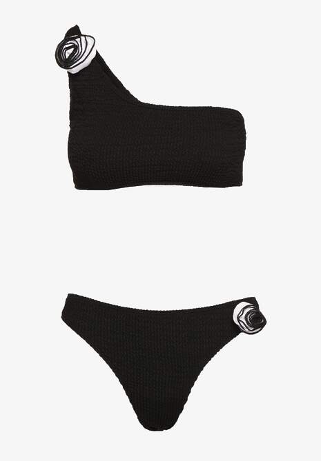 Czarne Bikini 2-Częściowe Asymetryczny Stanik i Majtki z Aplikacjami Kwiatu Namsilea 5