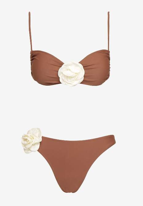 Brązowe Bikini z Wiązaną Górą Ozdobione Kwiatowymi Aplikacjami Rivashan 5