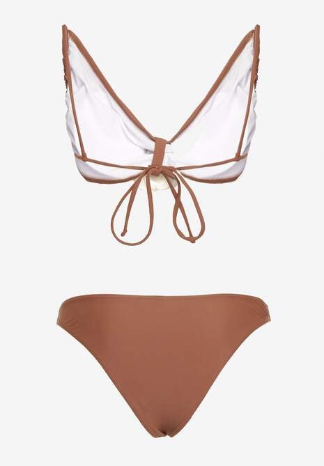 Brązowe Bikini z Wiązaną Górą Ozdobione Kwiatowymi Aplikacjami Rivashan 6