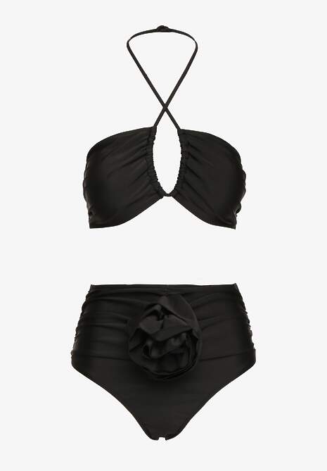 Czarne 2-Częściowe Bikini Stanik Zapinany przy Szyi z Wiązaniem Figi z Wysokim Stanem Nanselian 5