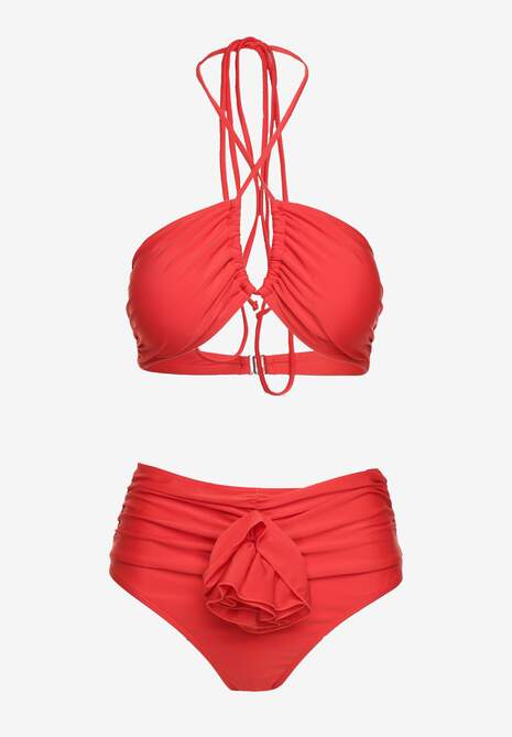 Czerwone 2-Częściowe Bikini Stanik Zapinany przy Szyi z Wiązaniem Figi z Wysokim Stanem Nanselian 5