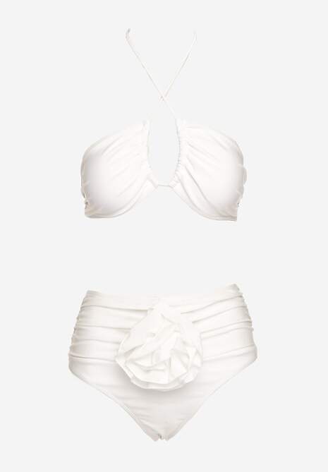 Białe 2-Częściowe Bikini Stanik Zapinany przy Szyi z Wiązaniem Figi z Wysokim Stanem Nanselian 5