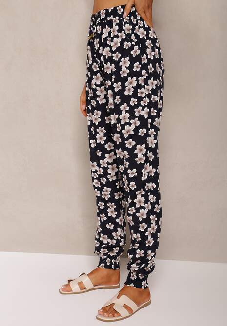 Granatowe Wiskozowe Spodnie High Waist z Gumką w Talii Rivanirra 4