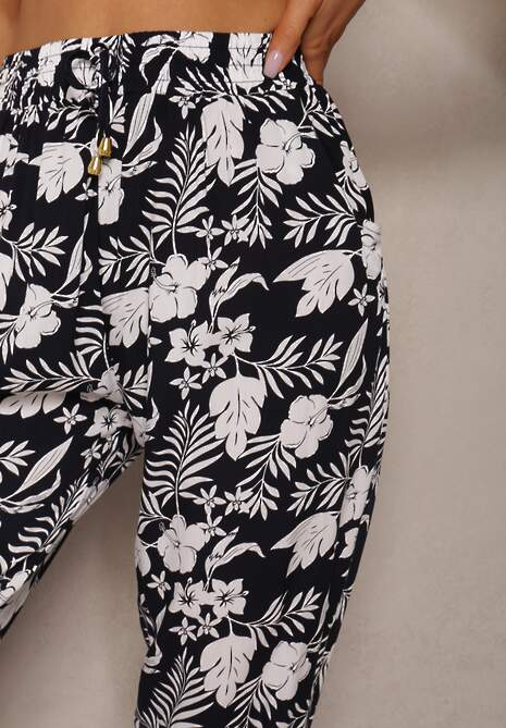 Granatowo-Białe Kwiatowe Spodnie z Wiskozy High Waist Wykończone w Pasie Gumką Rivasolle 5