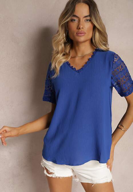 Granatowa Bluzka z Krótkim Rękawem i Ażurowym Zdobieniem Gracenie 4