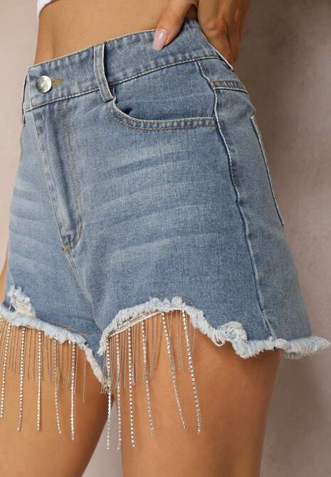 Niebieskie Jeansowe Szorty z Bawełny High Waist Wykończone Cyrkoniami i Przetarciami Tiamelba 4