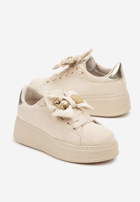 Beżowe Sneakersy Ozdobione Broszką i Kokardką Hrivia 5