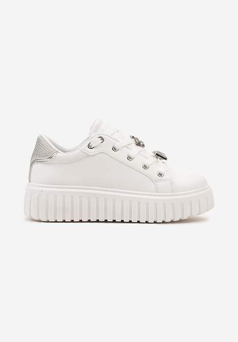 Biało-Srebrne Sneakersy na Platformie Ozdobione Metaliczną Wstawką i Aplikacjami z Cyrkonii Qulina 4