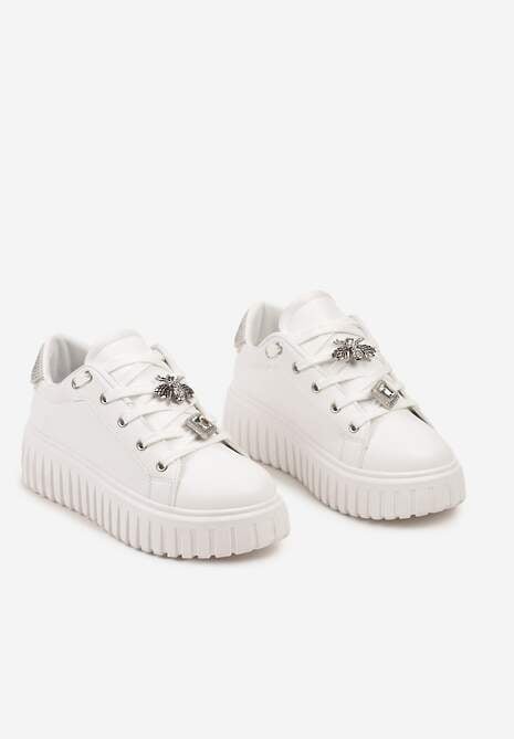 Biało-Srebrne Sneakersy na Platformie Ozdobione Metaliczną Wstawką i Aplikacjami z Cyrkonii Qulina 5