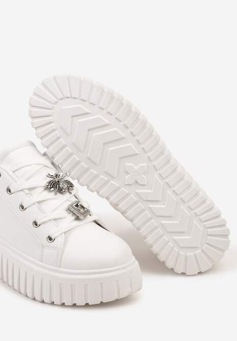 Biało-Srebrne Sneakersy na Platformie Ozdobione Metaliczną Wstawką i Aplikacjami z Cyrkonii Qulina 6