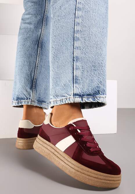 Bordowe Sneakersy na Grubej Podeszwie z Ozdobnymi Przeszyciami Ysdole 4