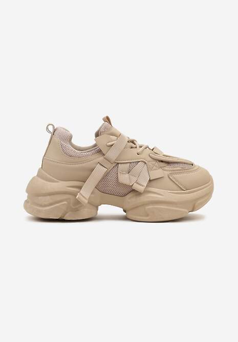 Ciemnobeżowe Sneakersy na Platformie z Grubymi Sznurówkami i Przeszyciami Wladisa 4