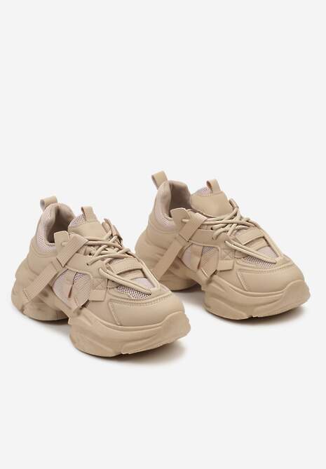 Ciemnobeżowe Sneakersy na Platformie z Grubymi Sznurówkami i Przeszyciami Wladisa 5