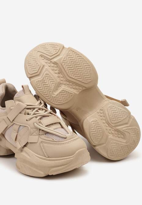 Ciemnobeżowe Sneakersy na Platformie z Grubymi Sznurówkami i Przeszyciami Wladisa 6