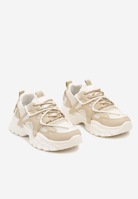 Ciemnobeżowe Sneakersy na Niskiej Platformie z Grubymi Sznurówkami Benanda 5