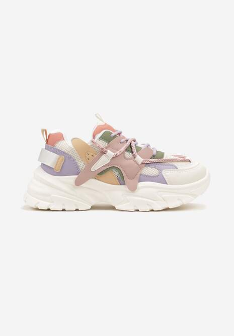 Biało-Różowe Sneakersy na Niskiej Platformie z Grubymi Sznurówkami Benanda 4
