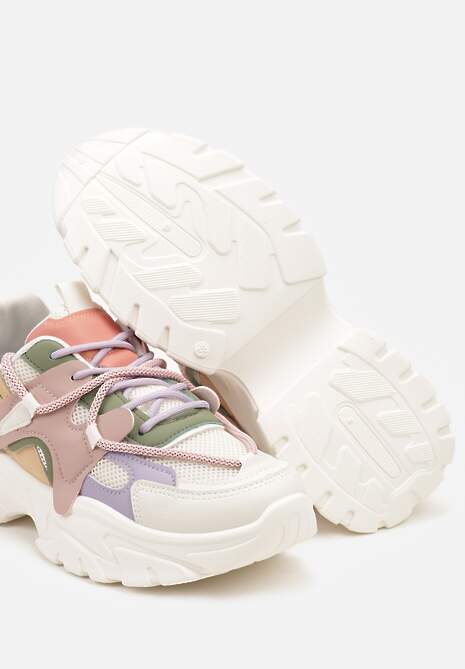 Biało-Różowe Sneakersy na Niskiej Platformie z Grubymi Sznurówkami Benanda 6