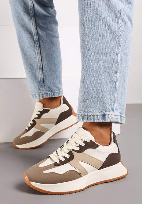 Brązowe Sneakersy na Płaskiej Podeszwie z Geometryczną Wstawką Sewla
